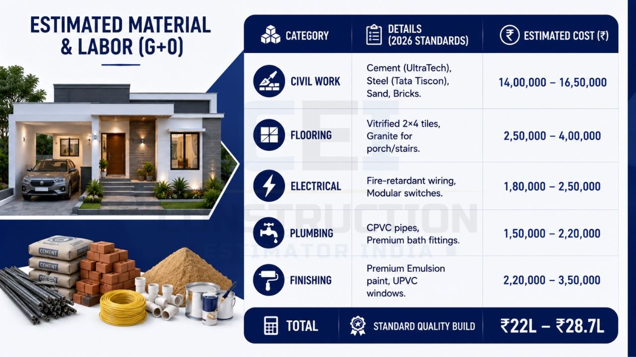 Construction cost infographic showing estimated material and labor expenses for civil work, flooring, electrical, plumbing, and finishing of a 1000 sq ft house.