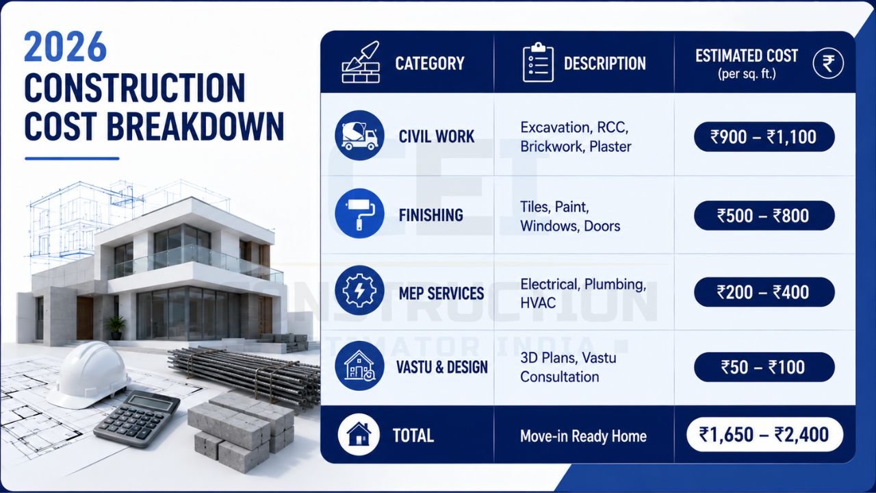Construction cost breakdown infographic showing civil work, finishing, MEP services, Vastu consultation, and total move-in-ready cost per square foot.