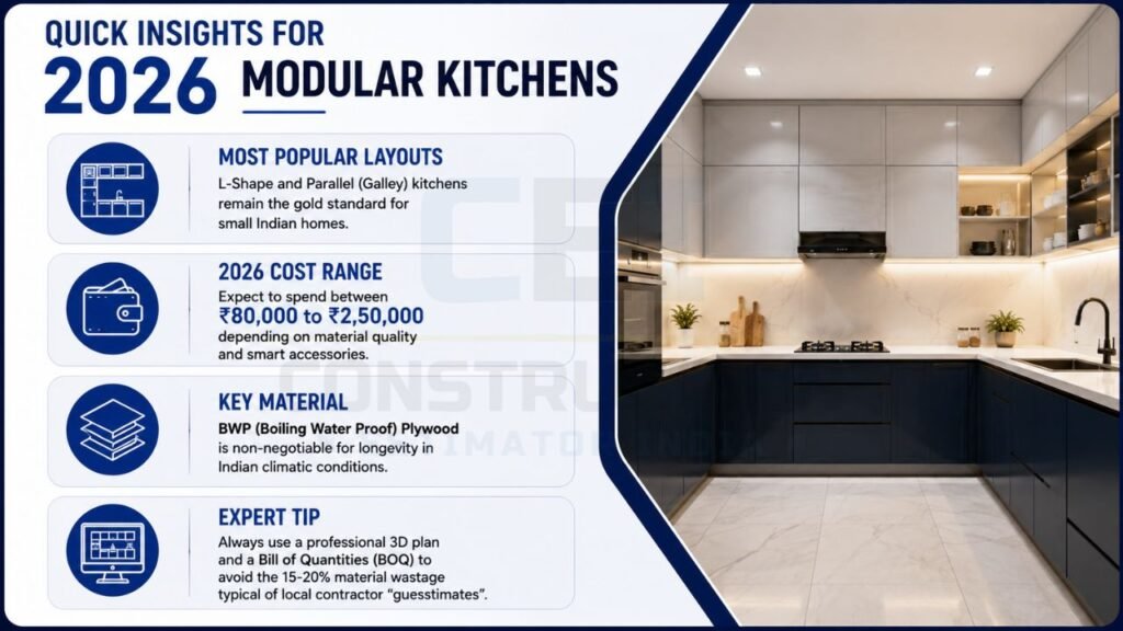 Infographic highlighting modular kitchen trends, cost range, recommended BWP plywood, popular layouts, and expert planning tips for 2026.