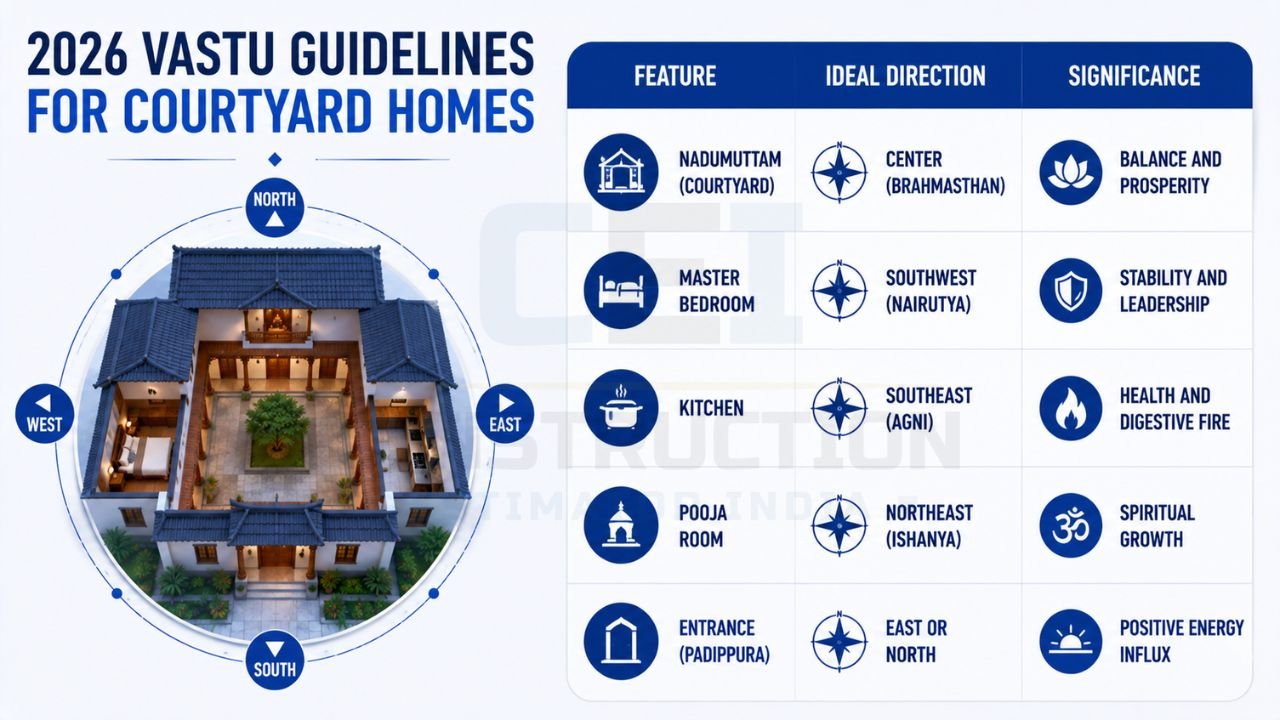 Infographic explaining Vastu directions for courtyard homes, including ideal placement of the courtyard, master bedroom, kitchen, pooja room, and entrance.
