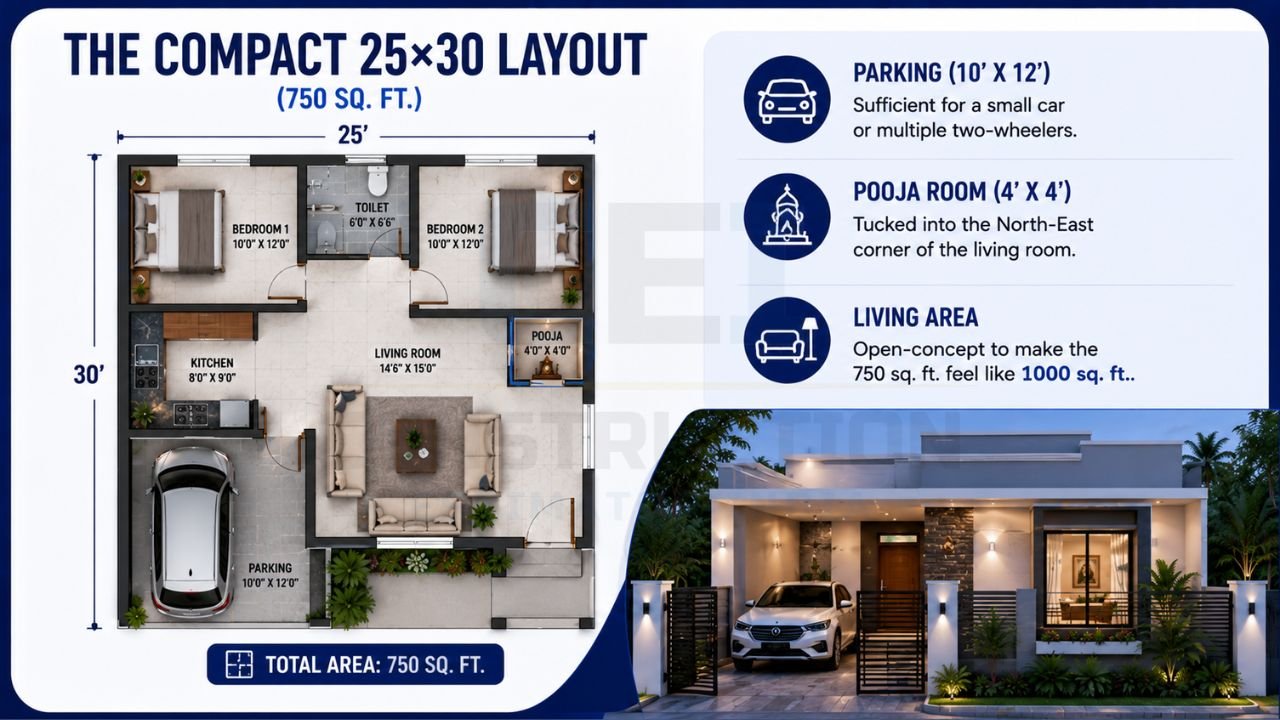 750 sq ft 25x30 house plan featuring 2 bedrooms, living room, kitchen, pooja room, toilet, and dedicated car parking with layout dimensions.