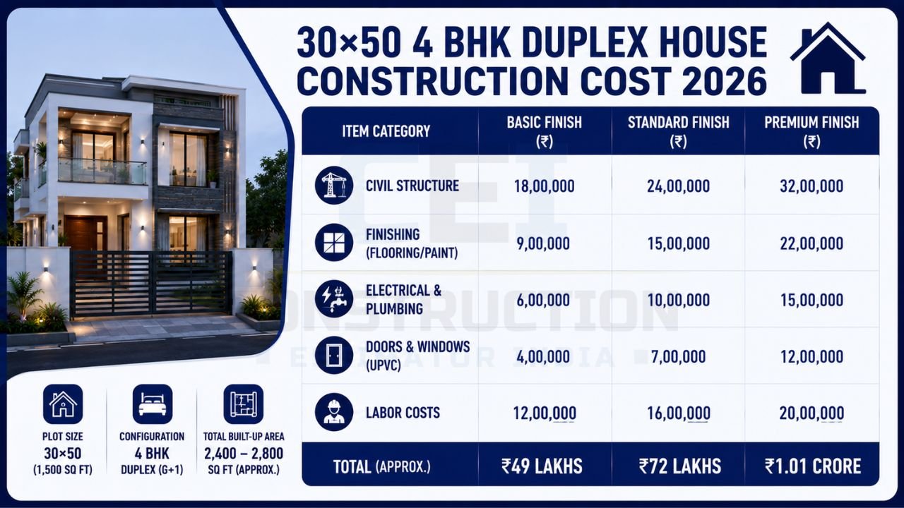 Construction cost table for a 30×50 4BHK duplex house showing civil work, finishing, electrical, plumbing, labor, and total cost by finish quality.