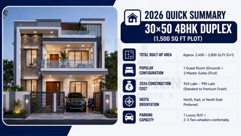 Quick summary infographic of a 30×50 4BHK duplex house featuring built-up area, construction cost, configuration, parking capacity, and Vastu orientation.