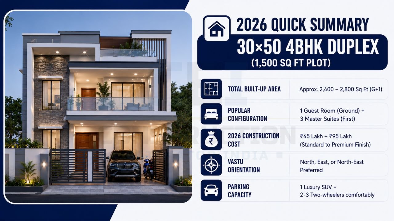 Quick summary infographic of a 30×50 4BHK duplex house featuring built-up area, construction cost, configuration, parking capacity, and Vastu orientation.