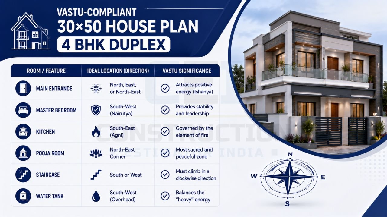 Vastu-compliant 30×50 4BHK duplex house infographic showing ideal placement of entrance, kitchen, bedrooms, pooja room, staircase, and water tank.