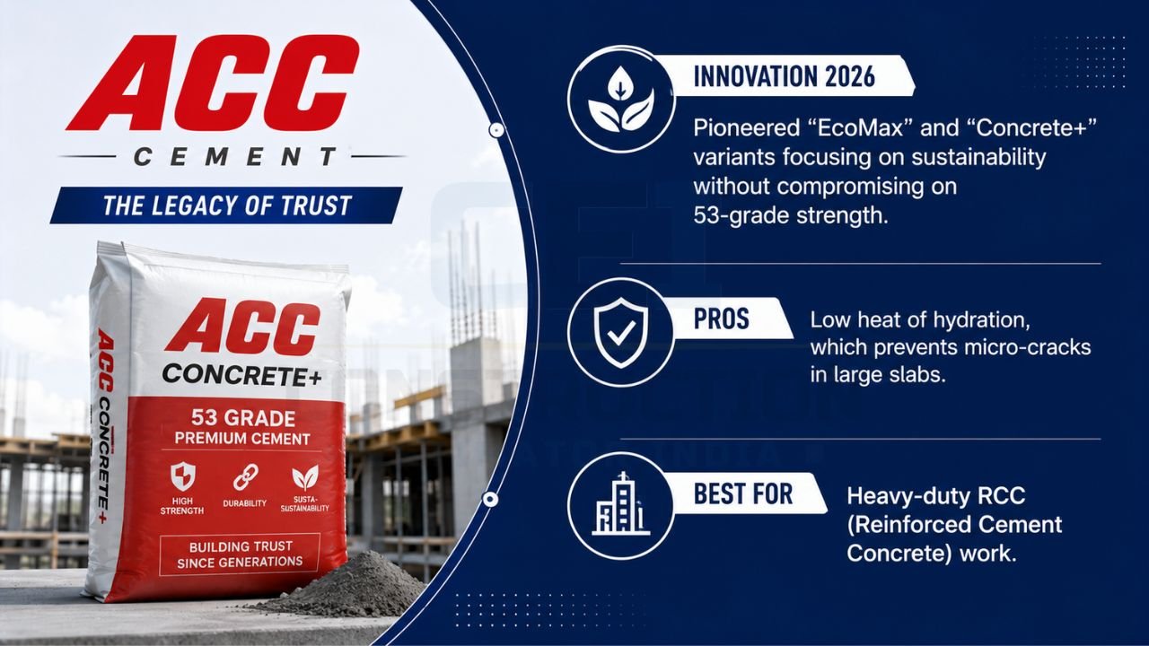 Infographic featuring ACC Concrete+ 53 Grade cement with sustainability features, low heat of hydration, crack resistance, and RCC construction applications.