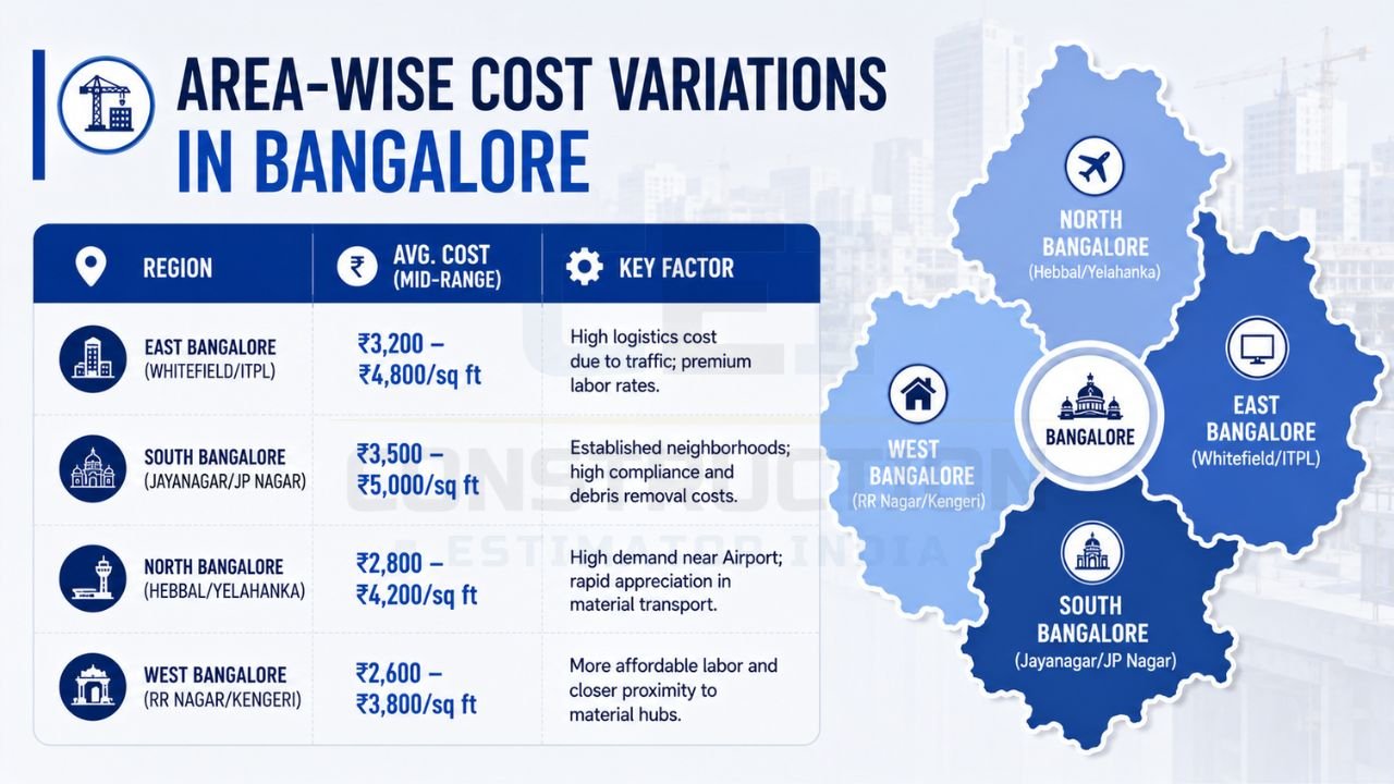 Infographic comparing area-wise house construction costs across East, West, North, and South Bangalore with average per square foot rates.