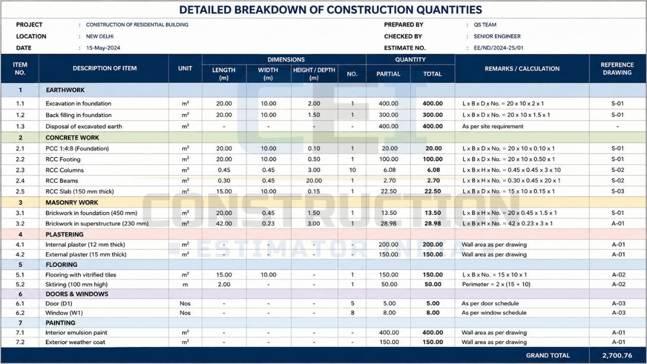 Detailed construction quantity breakdown sheet showing BOQ item descriptions, dimensions, quantity calculations, remarks, and reference drawings for residential building estimation.