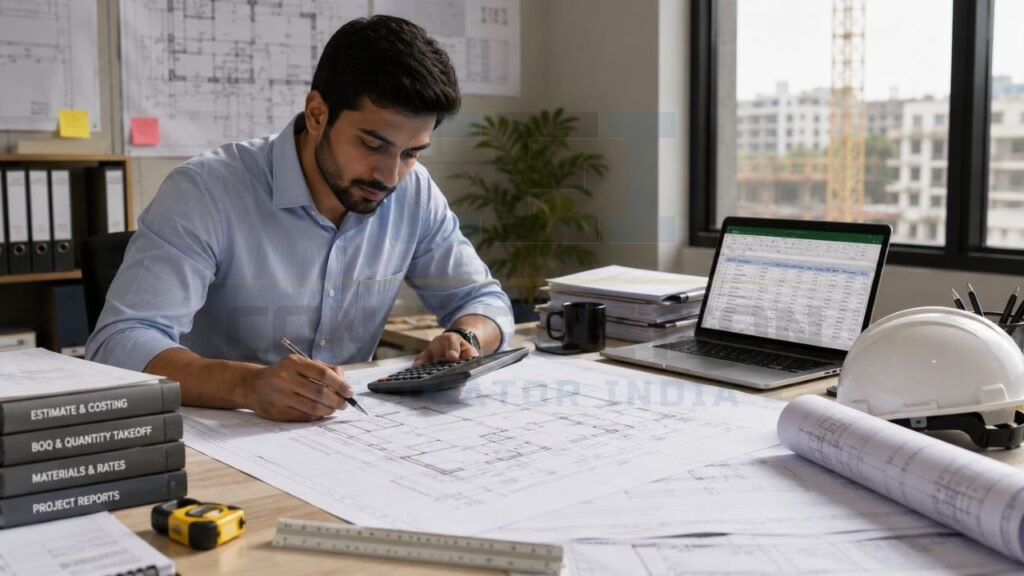Professional quantity surveyor preparing a Bill of Quantities (BOQ) using construction drawings, calculator, and Excel cost estimation sheet in an office.