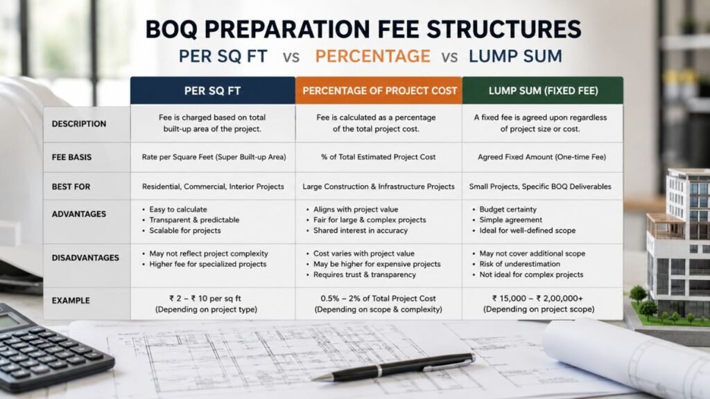 Comparison table explaining BOQ preparation fee structures based on per square foot, percentage of project cost, and lump sum pricing, including advantages, disadvantages, and examples.