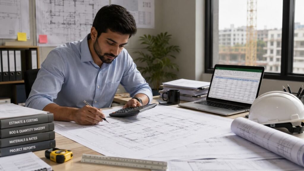 Professional quantity surveyor preparing a Bill of Quantities (BOQ) using architectural drawings, calculator, and Excel spreadsheet for construction cost estimation.