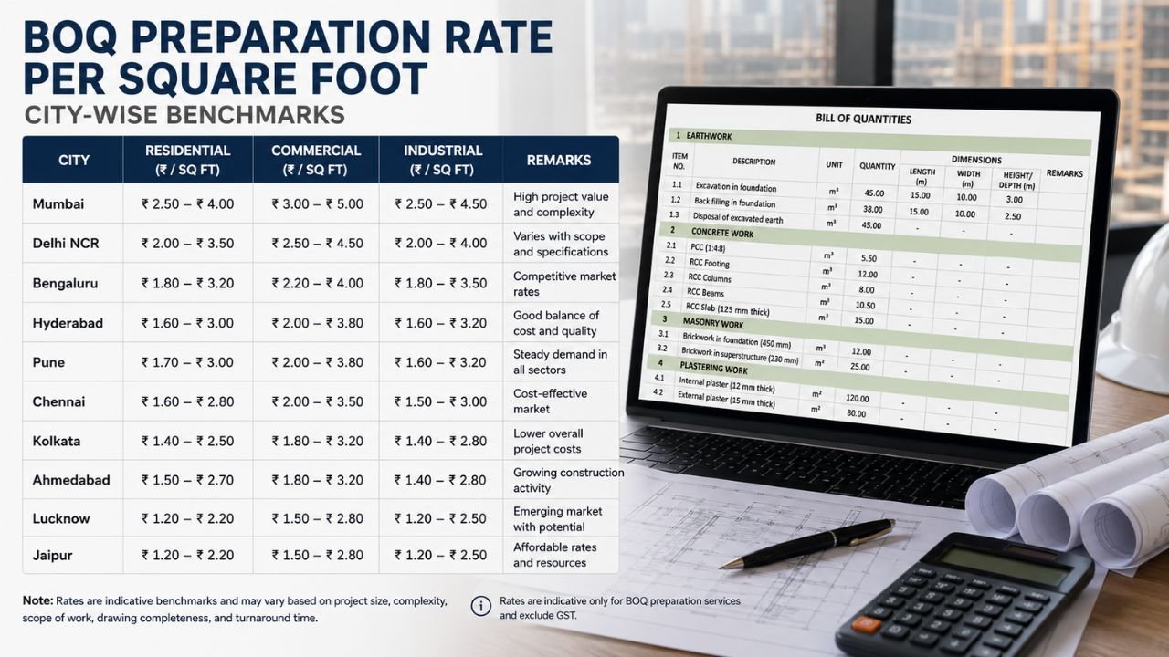 City-wise comparison table showing BOQ preparation rates per square foot for residential, commercial, and industrial projects across major Indian cities including Mumbai, Delhi NCR, Bengaluru, Hyderabad, Pune, Chennai, Kolkata, Ahmedabad, Lucknow, and Jaipur.