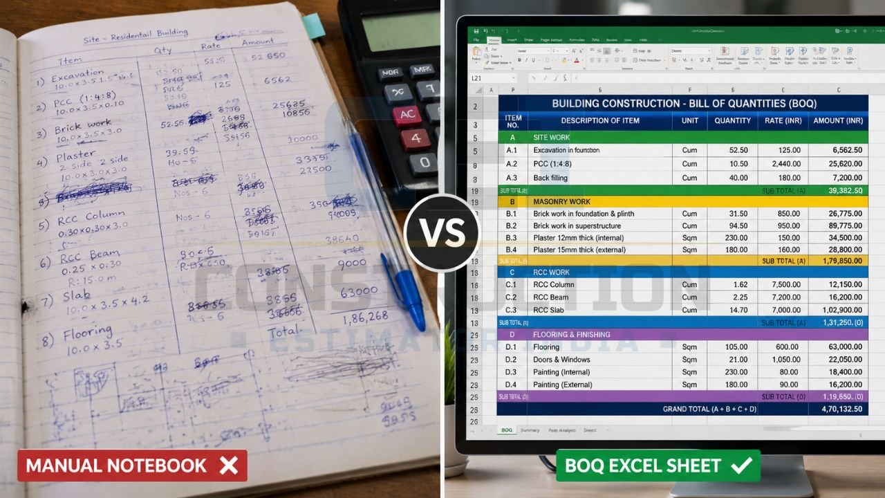 Side-by-side comparison of a handwritten construction cost notebook and a BOQ Excel template showing digital bill of quantities for accurate construction estimation.