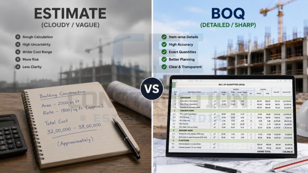 Side-by-side comparison of a construction estimate and a Bill of Quantities (BOQ), highlighting differences in accuracy, quantity takeoff, planning, and project cost estimation.