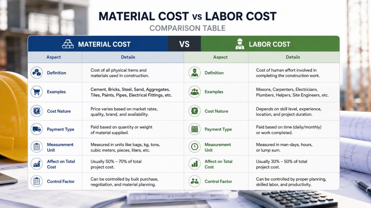 Comparison table showing material cost vs labor cost in construction, including definitions, examples, payment methods, measurement units, and impact on total project cost.