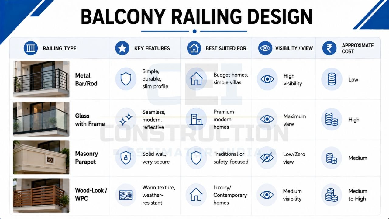 Balcony railing design comparison showing metal bar, glass with frame, masonry parapet, and wood-look WPC railings for modern home balconies