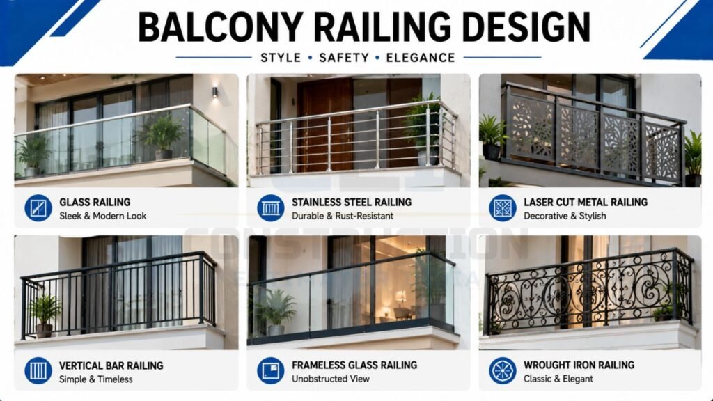 Balcony railing design ideas featuring glass, stainless steel, laser-cut metal, vertical bar, frameless glass, and wrought iron railings for modern homes