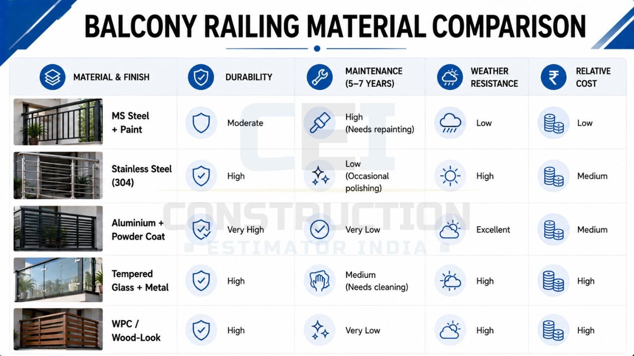Balcony railing material comparison showing MS steel, stainless steel, aluminium, tempered glass, and WPC railing options based on durability, maintenance, weather resistance, and cost