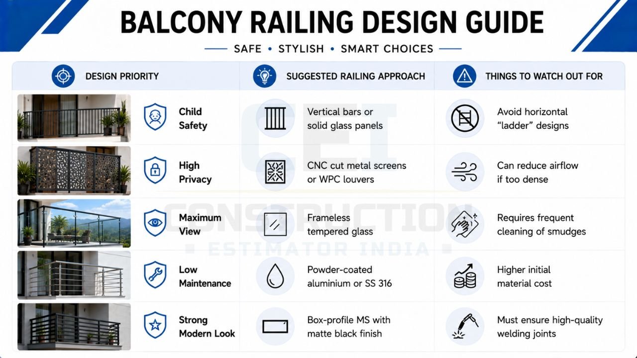 Balcony railing design guide comparing child-safe, privacy, modern, low-maintenance, and glass railing solutions for residential balconies