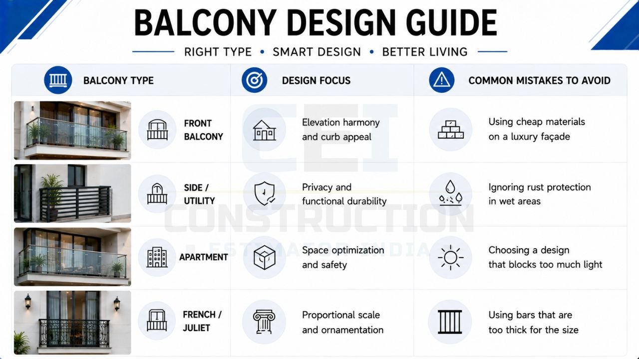 Balcony design guide comparing front, side utility, apartment, and French balcony designs with design focus and common mistakes to avoid