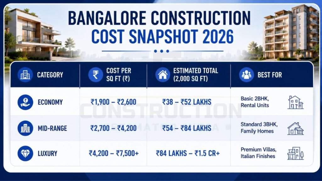 Infographic showing Bangalore house construction cost per sq ft for economy, mid-range, and luxury homes with estimated total project costs.