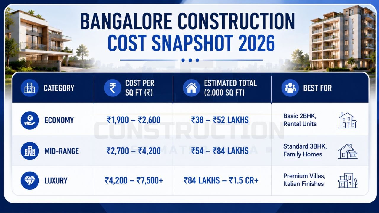 Infographic showing Bangalore house construction cost per sq ft for economy, mid-range, and luxury homes with estimated total project costs.
