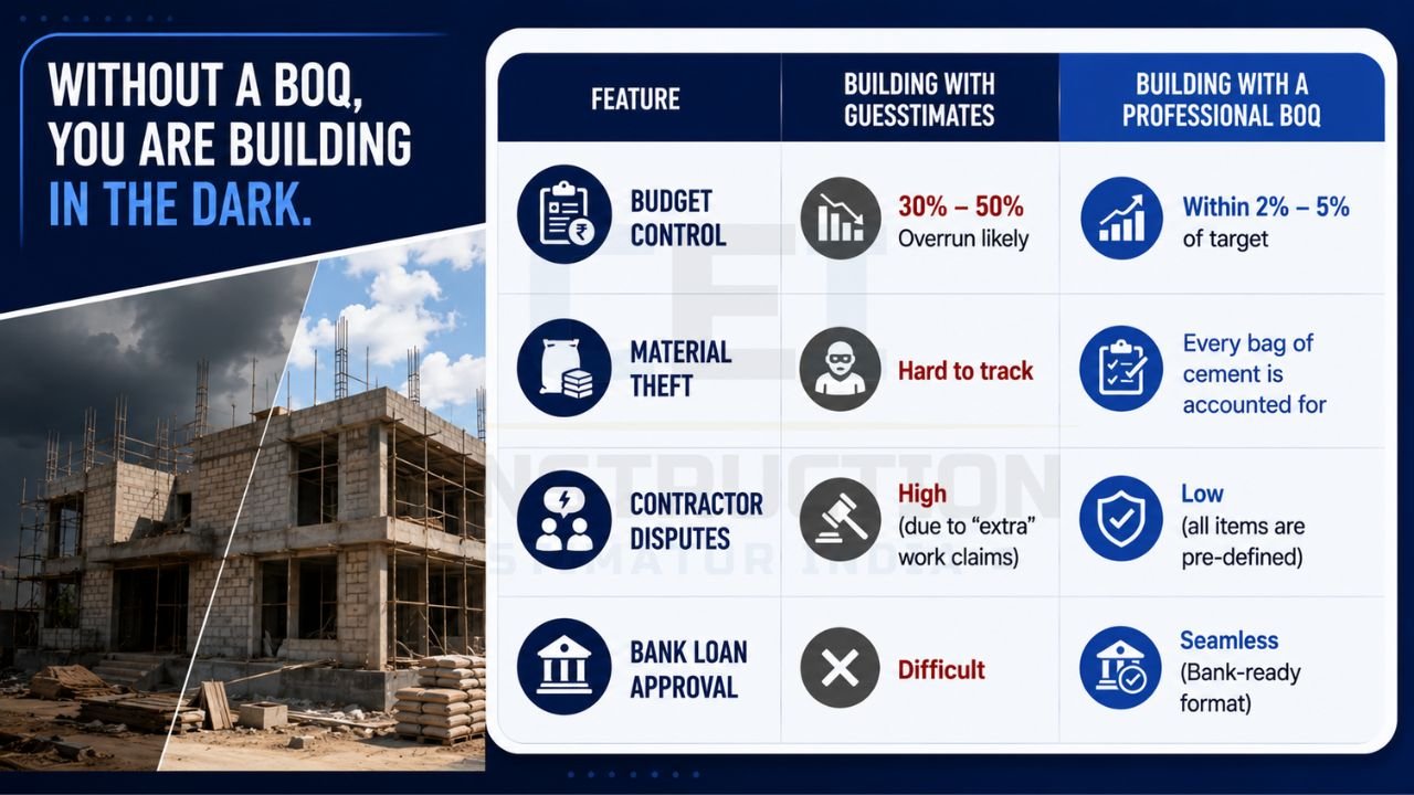 Comparison infographic showing building with estimates versus using a professional Bill of Quantities (BOQ) for better cost control and material management.
