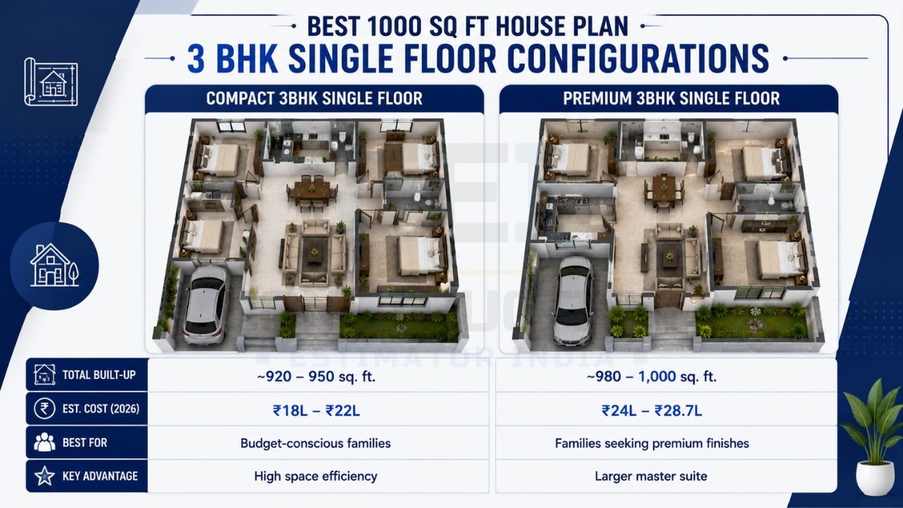 Comparison of compact and premium 1000 sq ft 3BHK single-floor house plans with built-up area, construction cost, and key advantages.