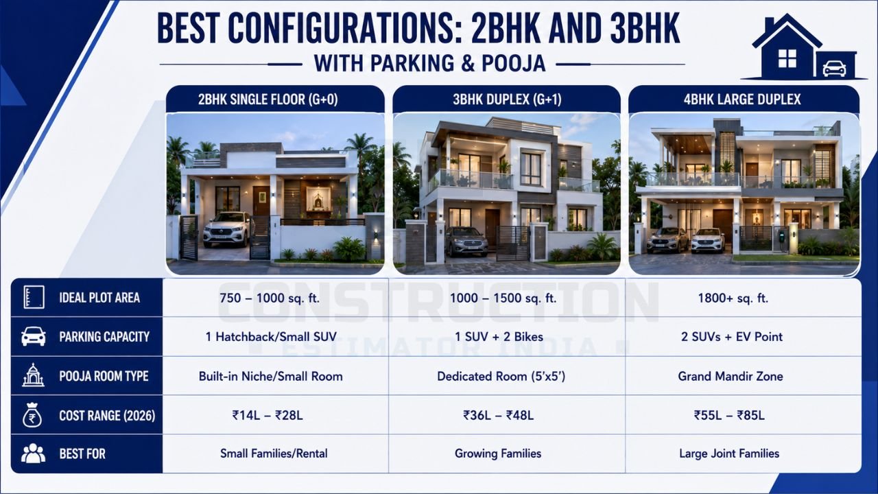 Comparison infographic of 2BHK, 3BHK duplex, and 4BHK house plans with parking capacity, plot size, pooja room, construction cost, and ideal family size.