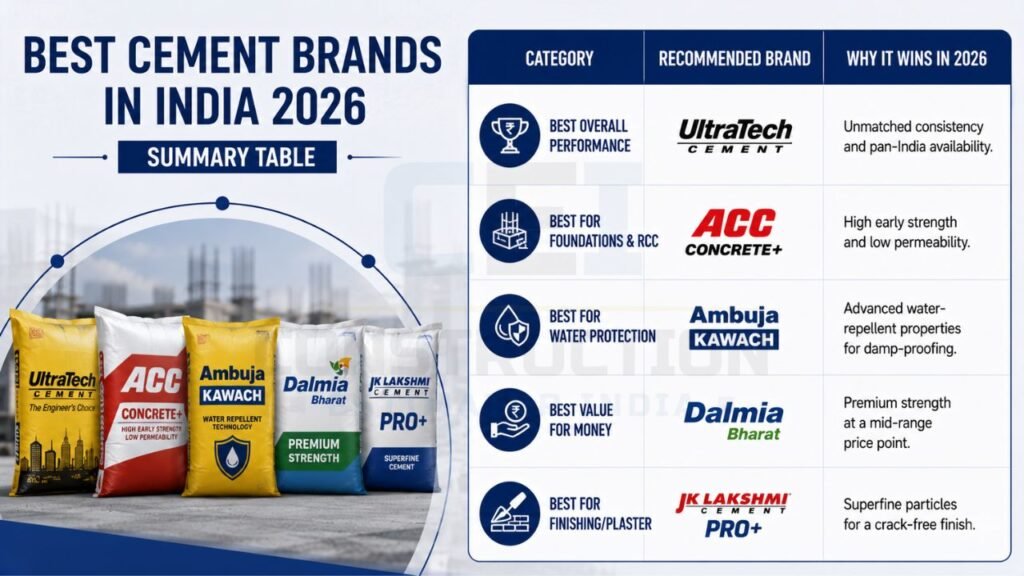 Infographic comparing the best cement brands in India 2026, including UltraTech, ACC, Ambuja, Dalmia Bharat, and JK Lakshmi with their recommended applications.