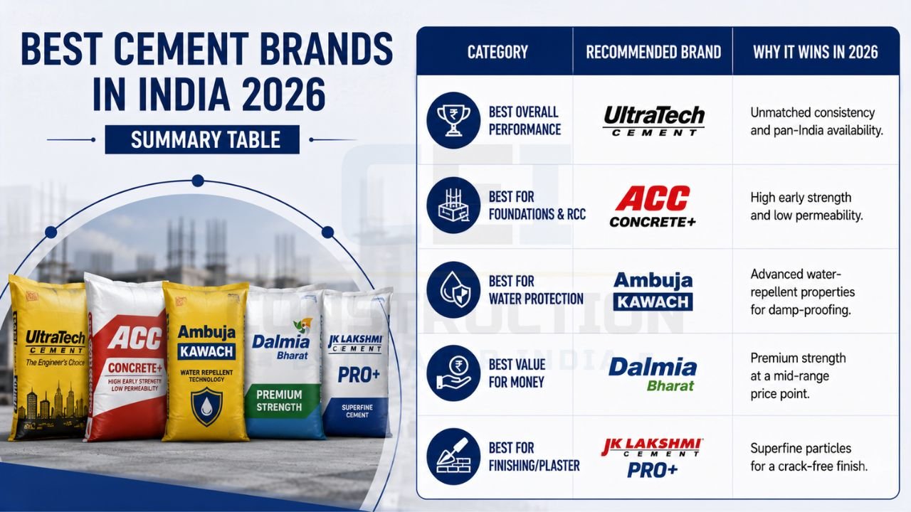 Infographic comparing the best cement brands in India 2026, including UltraTech, ACC, Ambuja, Dalmia Bharat, and JK Lakshmi with their recommended applications.