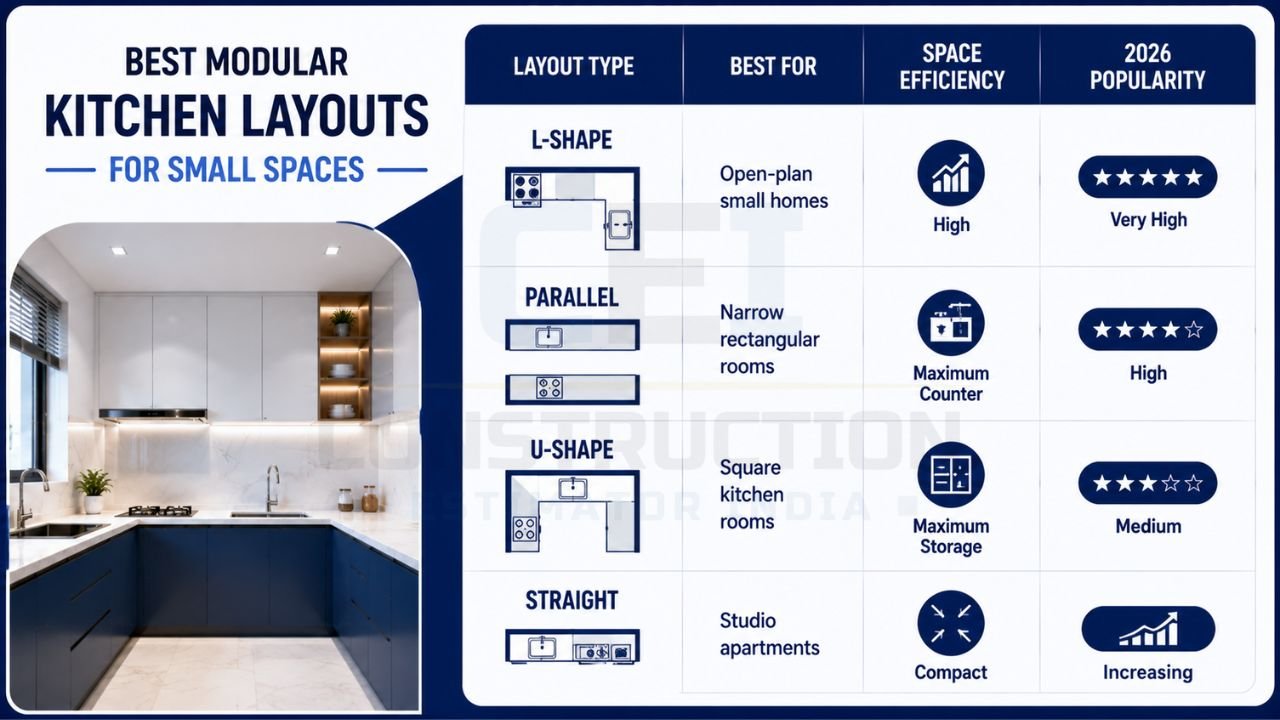 Comparison of L-shaped, parallel, U-shaped, and straight modular kitchen layouts with space efficiency and popularity ratings for small homes.