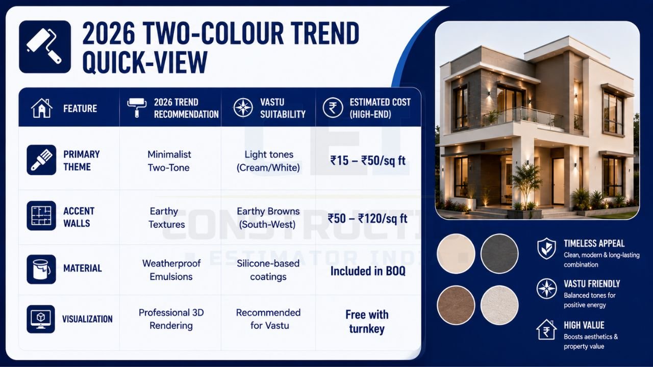 Infographic explaining the latest two-colour exterior painting trends, materials, Vastu suitability, estimated costs, and modern colour palette.