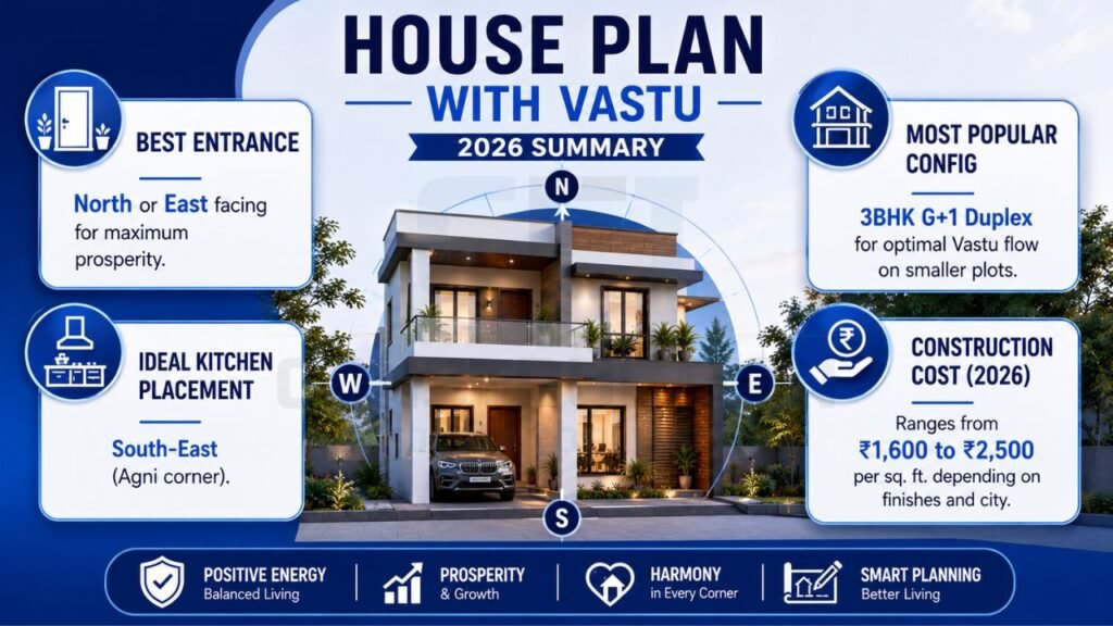 Modern house plan infographic highlighting Vastu entrance, kitchen placement, popular 3BHK duplex layout, and 2026 construction cost estimates.