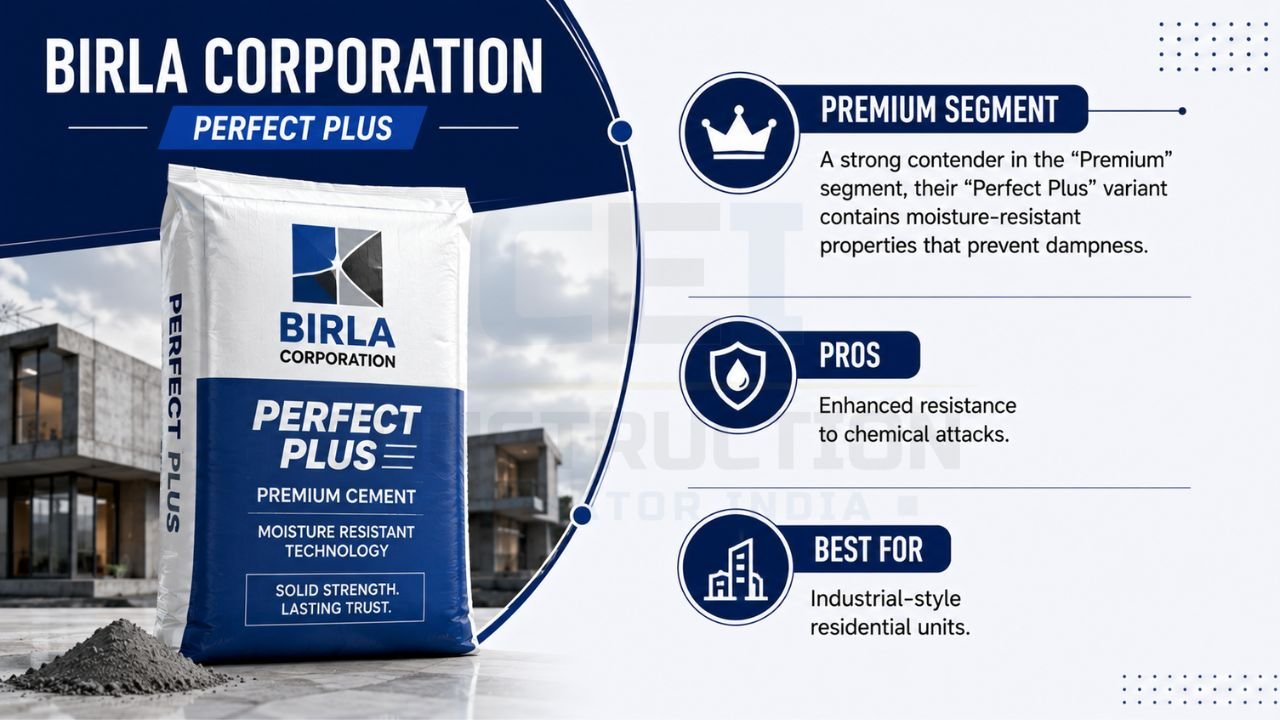 Infographic highlighting Birla Corporation Perfect Plus premium cement, its moisture-resistant technology, key advantages, and ideal applications for residential construction.