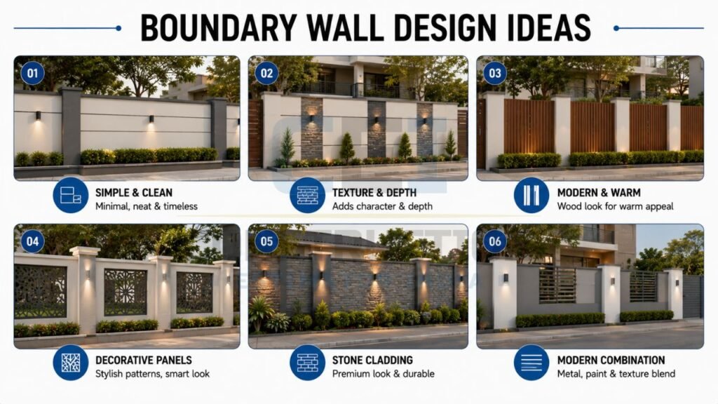 Boundary wall design ideas featuring simple, textured, wood-look, decorative panel, stone cladding, and modern combination styles