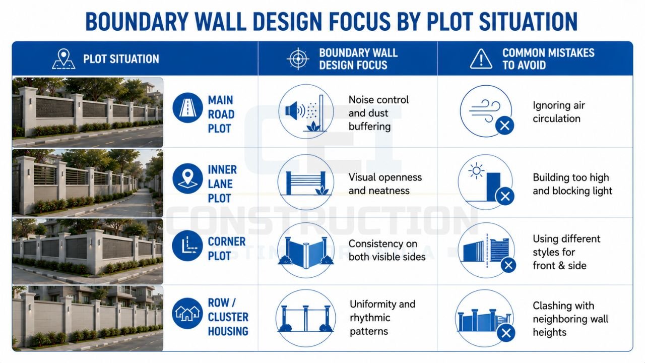 Boundary wall design guide comparing boundary wall strategies for main road, inner lane, corner, and row housing plots
