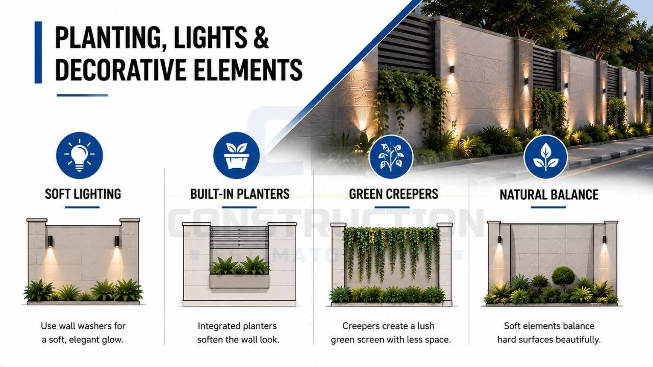 Boundary wall landscaping ideas featuring soft lighting, built-in planters, green creepers, and decorative plants for modern boundary walls