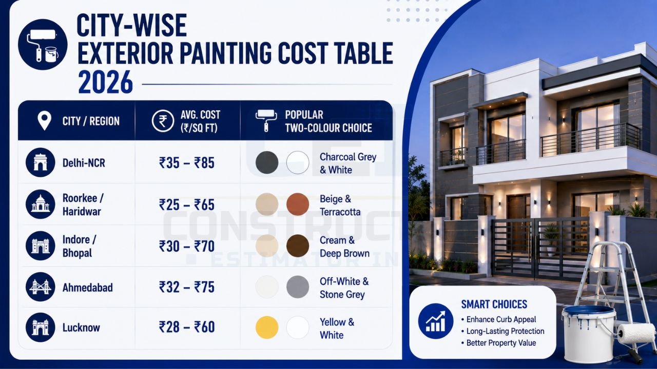 City-wise exterior painting cost comparison for Delhi-NCR, Roorkee, Haridwar, Indore, Bhopal, Ahmedabad, and Lucknow with popular colour combinations.