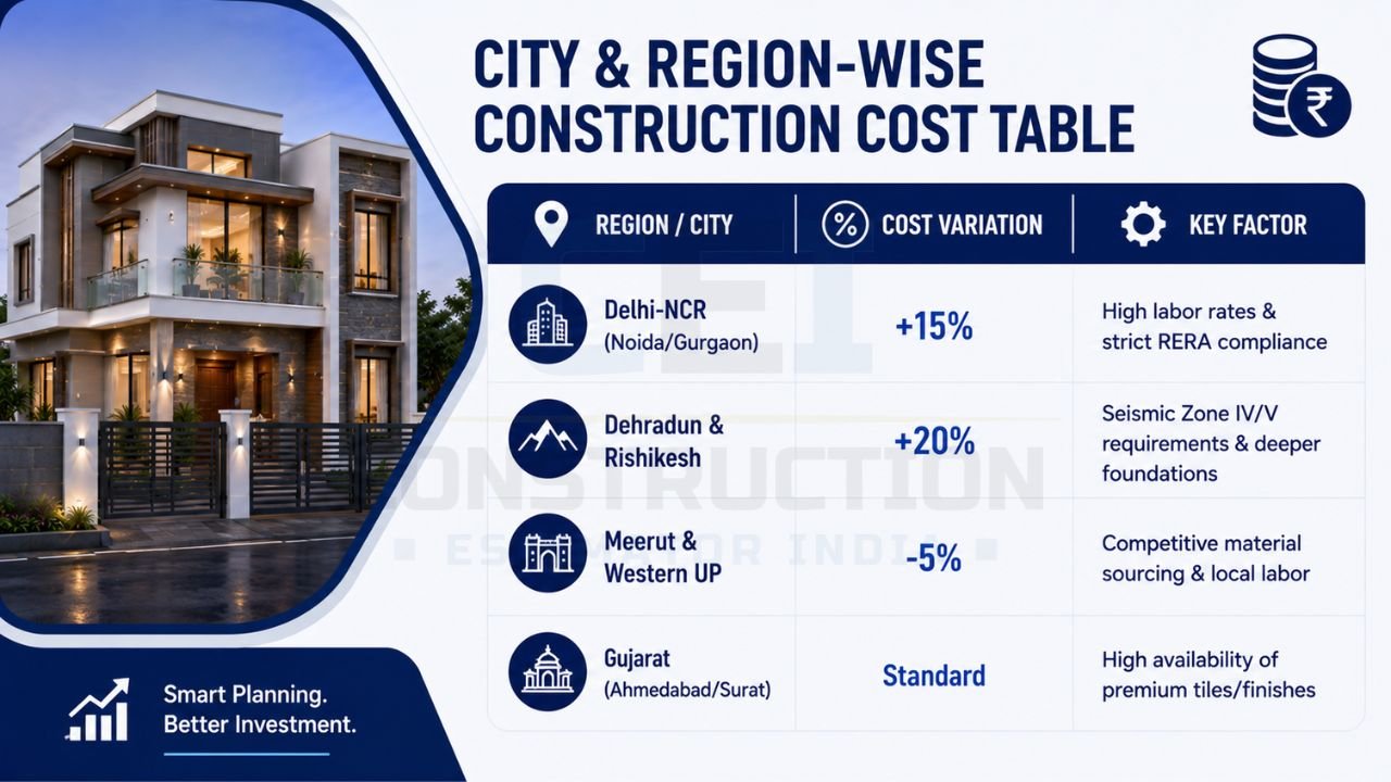 Infographic comparing city and region-wise house construction cost variations across Delhi-NCR, Dehradun, Meerut, and Gujarat for 2026.