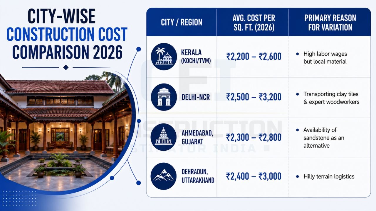 Infographic comparing 2026 house construction costs across Kerala, Delhi-NCR, Ahmedabad, and Dehradun with average per sq. ft. rates and key cost factors.