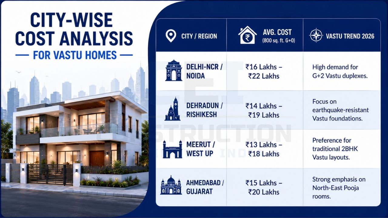 Infographic showing city-wise construction costs for Vastu homes across Delhi-NCR, Dehradun, Meerut, and Ahmedabad with 2026 Vastu design trends.