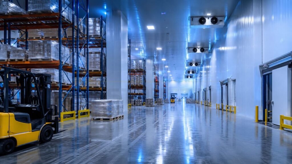Modern cold storage warehouse interior with insulated wall panels, refrigeration units, pallet racking, forklifts, and temperature-controlled storage space in India.