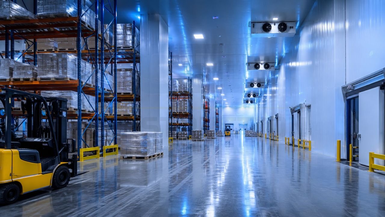 Modern cold storage warehouse interior with insulated wall panels, refrigeration units, pallet racking, forklifts, and temperature-controlled storage space in India.