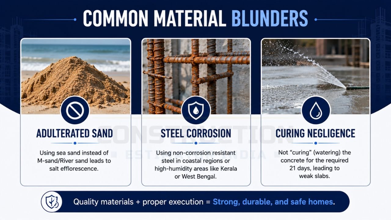 Infographic showing common construction mistakes including adulterated sand, steel corrosion, and improper concrete curing.