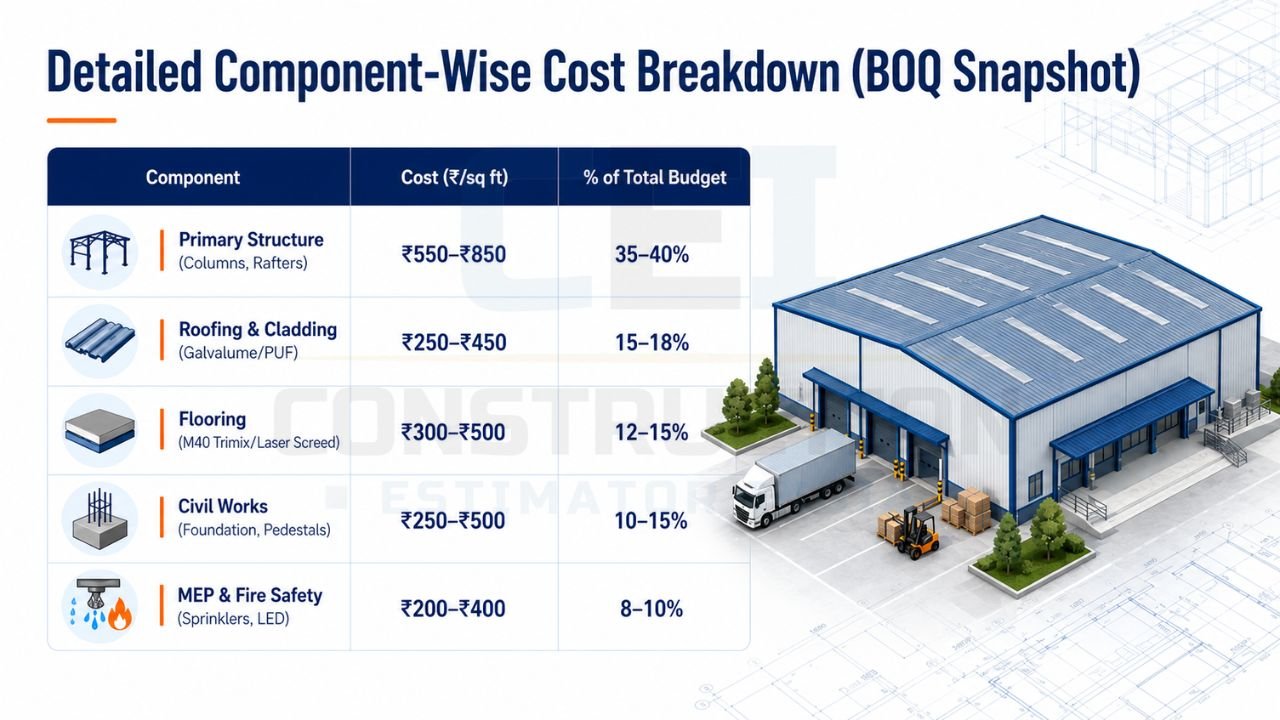 BOQ snapshot infographic showing warehouse construction cost breakdown by component, including primary structure, roofing, flooring, civil works, and MEP with cost per square foot.