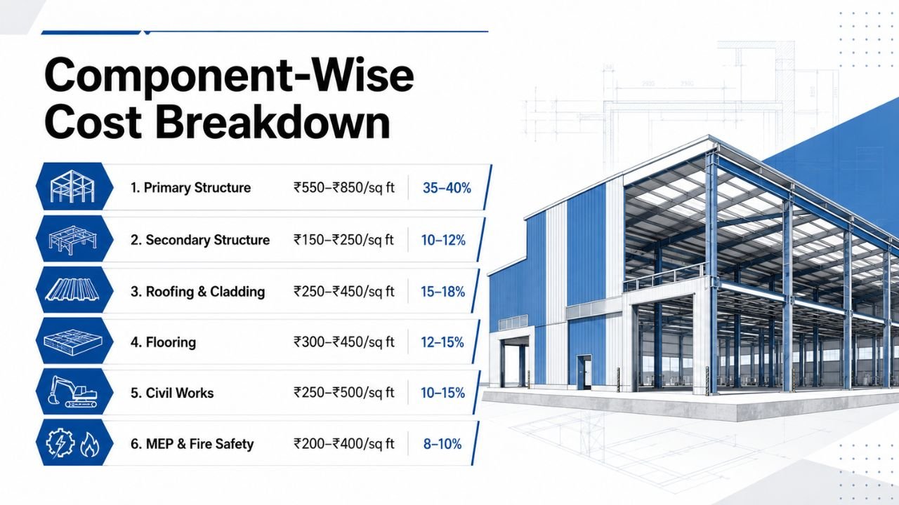 Infographic showing component-wise PEB shed construction cost breakdown including primary structure, secondary structure, roofing, flooring, civil works, and MEP costs per square foot.