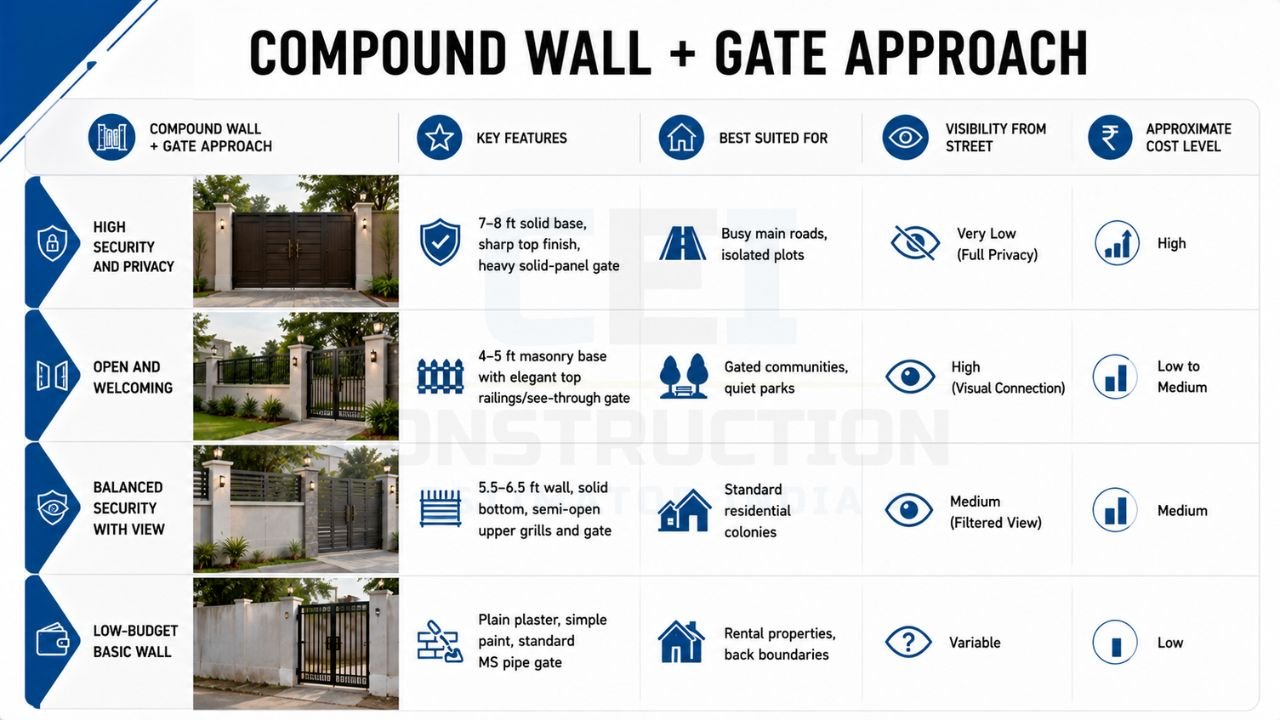 Compound wall and gate design comparison showing high-security, open, balanced, and budget-friendly boundary wall styles for residential homes