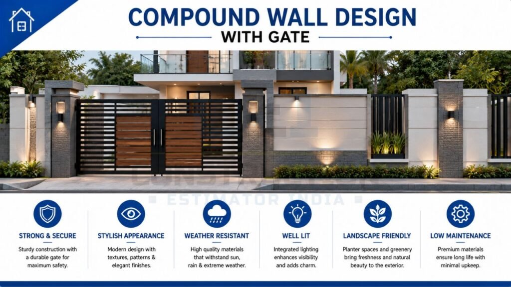 Modern compound wall design with gate featuring a contemporary boundary wall, metal and wood-finish sliding gate, stone-clad pillars, integrated lighting, and landscaped exterior