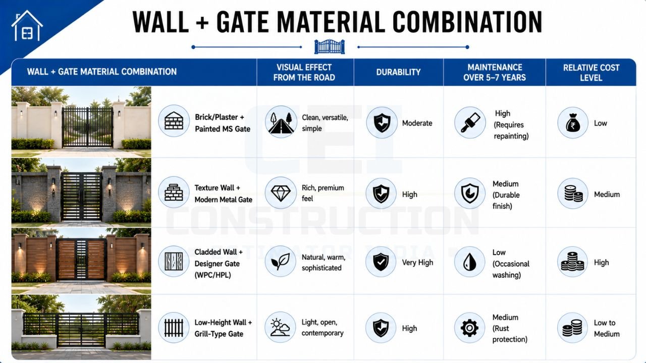 Compound wall and gate material combination guide comparing brick plaster, textured walls, cladded walls, and low-height wall designs with different gate materials